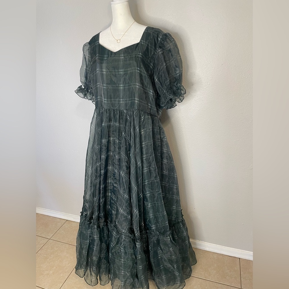 2x JessaKae Cordelia Plaid Puff Sleeve Organza Formal Maxi Dress Sweetheart - Picture 6 of 13